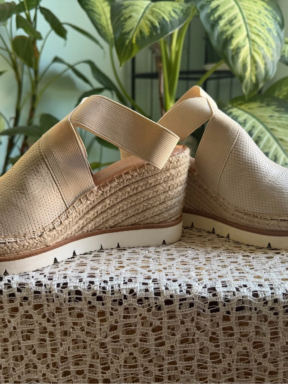 Cream Perforated Elastic Band Espadrille Wedge Sandals
